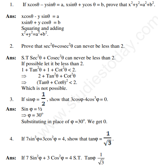 Cbse Class 10 Mathematics Trigonometry Assignment Set C